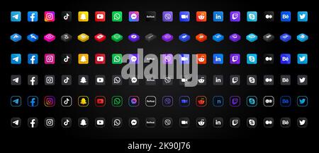 Riesige Sammlung von populären Social Media und Botschafter Logos Illustrationen. Realistisches Editorial-Set in verschiedenen Stilen auf schwarzem Hintergrund. Farbenfrohe quadratische Knöpfe mit abgerundeten Ecken. Web-Element. Mobile Anwendungen. Vektorgrafik Stock Vektor