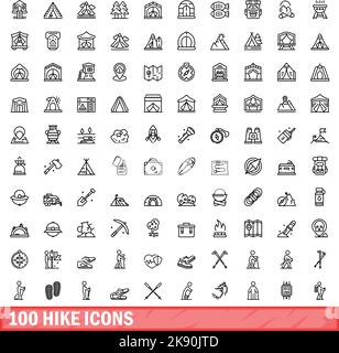 100 Wander-Icons eingestellt. Skizzieren Sie die Darstellung von 100 Wander-Icons Vektor isoliert auf weißem Hintergrund gesetzt Stock Vektor