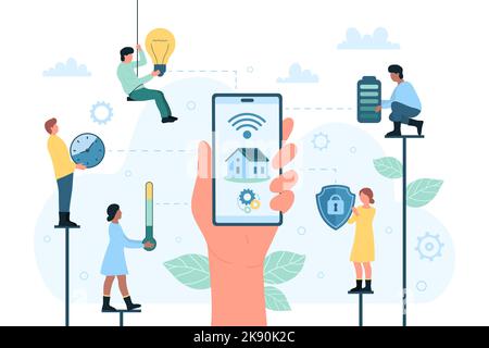 Vektorgrafik für Smart Home-Technologie. Cartoon-Benutzer Hand Steuerung Automationshaus System mit mobilen App im Telefon, kleine Menschen halten Glühbirne, Batteriethermometer, Schild und Uhr Symbole Stock Vektor
