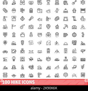 100 Wander-Icons eingestellt. Skizzieren Sie die Darstellung von 100 Wander-Icons Vektor isoliert auf weißem Hintergrund gesetzt Stock Vektor