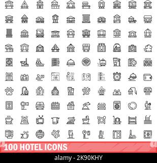 100 Hotel-Icons gesetzt. Skizzieren Sie die Darstellung von 100 Hotel-Symbolen, die auf weißem Hintergrund isoliert sind Stock Vektor