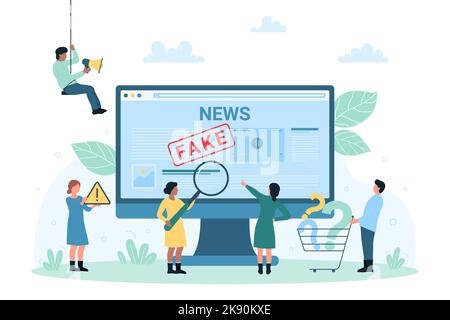 Fake News, falsche irreführende Informationen Verbreitung Online-Vektor-Illustration. Cartoon winzigen Menschen mit Lupe überprüfen Schwindel, Desinformation auf Website oder Social Media auf dem Computerbildschirm Stock Vektor