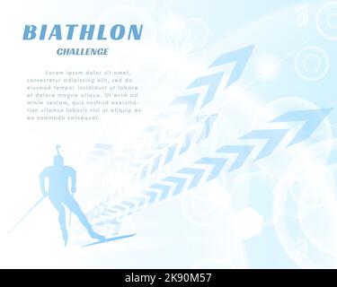 Biathlon Challenge Banner mit abstraktem Hintergrund. Silhouette des Biathlon-Athleten. Design für Winterspiele. Vektorgrafik. Stock Vektor