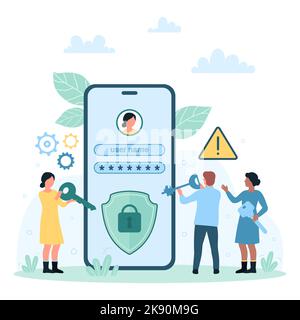 Sichere Anmeldung bei der Handy-App mithilfe der Vektorgrafik für Benutzername und Passwort. Cartoon winzigen Menschen mit Schlüsseln zu schützen Schild mit Schloss auf dem Bildschirm des Smartphones, Schutz des Online-Zugriffs Stock Vektor