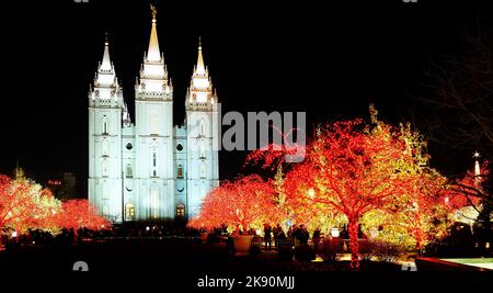 Salt Lake City Mormon Temple Weihnachtslichter Dezember Utah Stockfoto