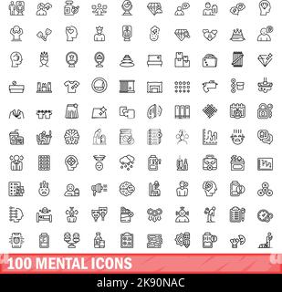 100 mentale Symbole eingestellt. Skizzieren Sie die Darstellung von 100 mentalen Symbolen, die auf weißem Hintergrund isoliert sind Stock Vektor