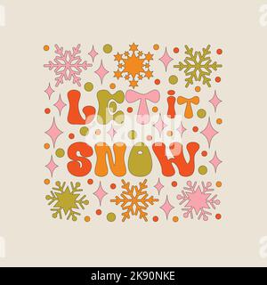 Weihnachtstext im Retro 70s-Stil mit Weihnachtselementen. Stock Vektor