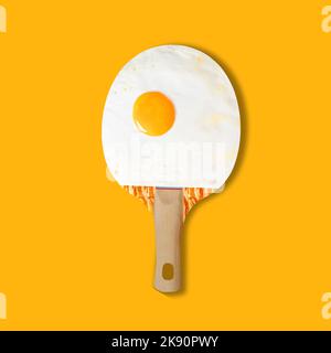 Tischtennisschläger aus Spiegelei und Speck. Sport ist Gesundheit. Foto auf einem gelben pastellfarbenen Hintergrund. Modernes Essenskonzept. Draufsicht. Flach liegend. Stockfoto