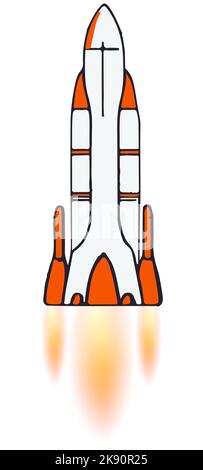 Karikatur-Weltraumrakete mit orange weißem Körper mit Flamme aus Düsen, isoliert auf weiß. Grober Skizzenstil. Vektordesign-Element. Stock Vektor