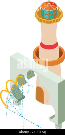 Isometrischer Vektor des Konstruktionssymbols. Arch-Projekt und Leuchtturmbau-Ikone. Planung, Bau, Wiederaufbau Stock Vektor