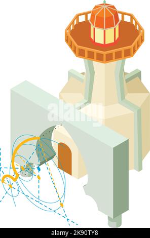 Isometrischer Vektor des Rekonstruktionssymbols. Arch-Projekt und große Leuchtturmsymbol. Planung, Bau, Renovierung Stock Vektor