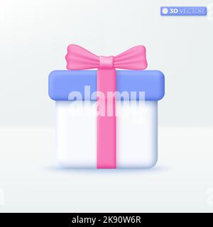 Geschenkbox mit Symbol-Symbolen für Bänder. Konzept für Weihnachten, Neujahr, Geburtstag oder Hochzeit. 3D Vektor isoliertes Illustrationsdesign. Cartoon Pastell Mini Stock Vektor