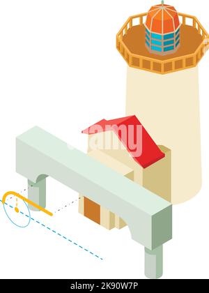 Symbol für Renovierungsarbeiten – isometrischer Vektor. Arch-Projekt und Leuchtturmbau-Ikone. Planung, Bau, Wiederaufbau Stock Vektor