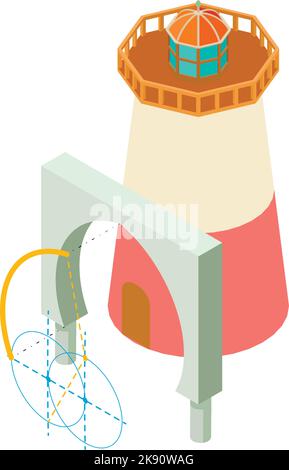 Isometrischer Vektor des Rekonstruktionskonzepts. Arch-Projekt und Leuchtturmsymbol. Planung, Bau, Renovierung Stock Vektor