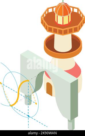 Konstruktionssymbol isometrischer Vektor. Arch-Projekt und Leuchtturmgebäude. Planung, Bau, Wiederaufbau Stock Vektor