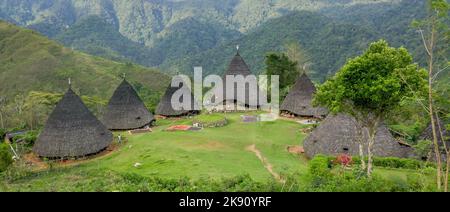 Panoramablick auf die wunderschöne traditionelle Manggarai-Architektur im Dorf Waerebo, Insel Flores, Ost-Nusa Tenggara, Indonesien Stockfoto