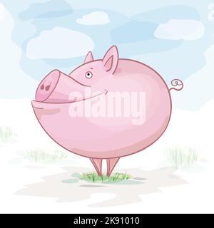 Niedliches Cartoon-Schwein vor einem Hintergrund aus grünem Gras und blauem Himmel mit Wolken isoliert Stock Vektor