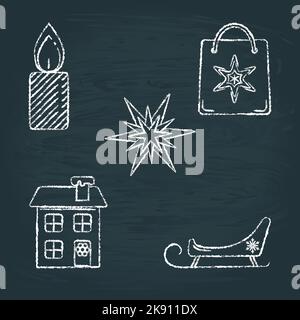 Sammlung von Kreide Skizze Weihnachten und Neujahr Symbole auf Tafel. Brennende Kerze, Geschenktüte mit Schneeflocken-Symbol, Stern, Ferienhaus und Weihnachtsmann Stock Vektor