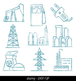 Sammlung von Energie und Elektrizität handgezeichnete Stil-Ikonen. Stock Vektor