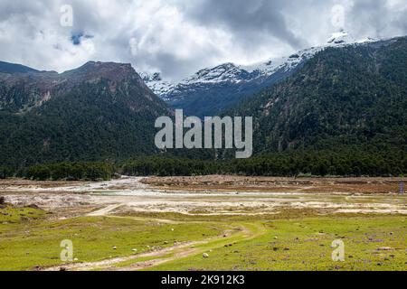 Die wunderschönen Berge im Yumesamdong Tal mit flauschigen Wolken Stockfoto