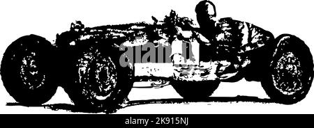 Handgezeichnete Linie Art Stil der 20 und 30s Grand prix Rennwagen. Schwarz-weiß, originale Kunstdarstellung eines Rennwagens mit offenem Rad stilisiert. Stock Vektor