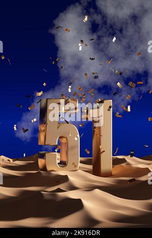 51 Nationalfeiertag der VAE - Golden 51 in Desert Sand - 3D Illustration Render Stockfoto