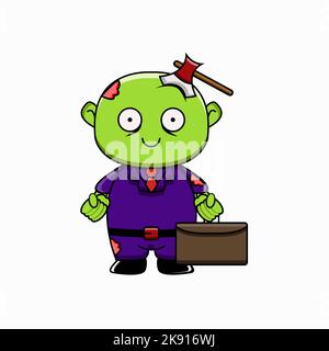 Ein Halloween-Zombie mit einer Axt im Kopf, Vektordarstellung vor weißem Hintergrund Stock Vektor