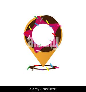 Kombination aus Donut-Logo und Nadelposition-Logo. Ringsymbol am Zeiger. Geeignet für Cafés und Restaurants oder Bäckereien. Stock Vektor