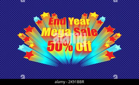 Ein Banner mit 50 % Rabatt auf das Abschlussjahr und Feuerwerk auf blauem Hintergrund Stock Vektor