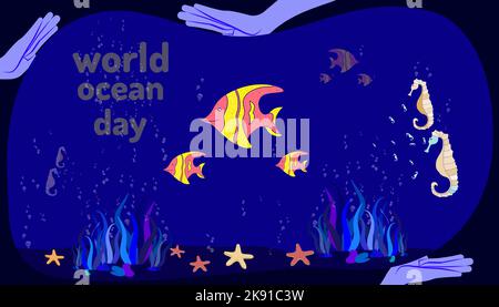 Ein Hintergrund des Weltmeertags mit Fischen und Tieren Stock Vektor