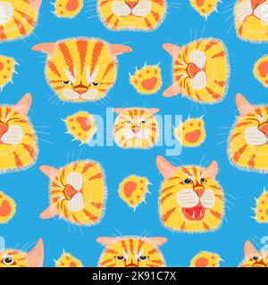 Ein nahtloses Muster aus süßer gelber Katze auf blauem Hintergrund Stock Vektor