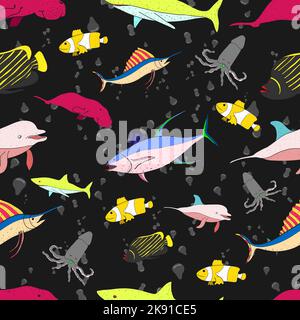 Ein nahtloses Muster von Meerestieren in einem Doodle-Handzeichen-Stil Stock Vektor