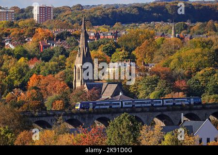 Ein Northern Rail Zug, der an einem Aumtmn-Tag über das Viadukt der Kirkstall Road in Leeds fährt. Stockfoto