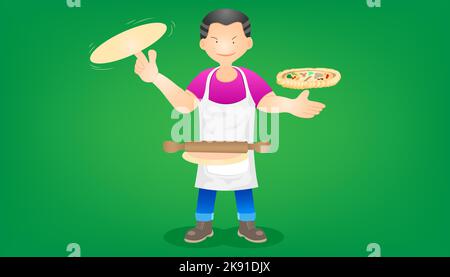 Ein Zeichentrickfilm eines Küchenchefs, der eine Pizza auf grünem Hintergrund macht Stock Vektor