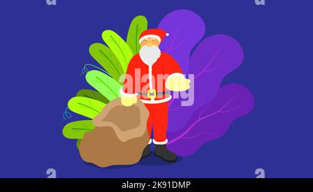Eine Nahaufnahme des Weihnachtsmanns mit einem Sack auf lila Hintergrund Stock Vektor
