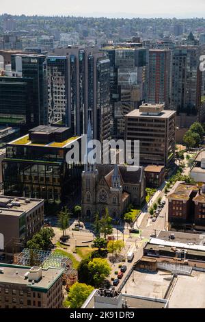 Hochwinkelaufnahme des Handelsviertels von Vancouver, British Columbia, Kanada, aufgenommen vom Vancouver Lookout. Stockfoto