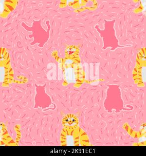 Ein nahtloses Muster einer gestreiften Katze mit verschiedenen Emotionen auf pinkfarbenem Hintergrund. Stock Vektor
