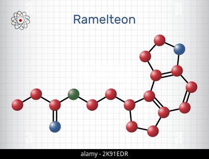 Ramelteon-Molekül. Strukturelle chemische Formel, Molekülmodell. Blatt Papier in einem Käfig Stock Vektor