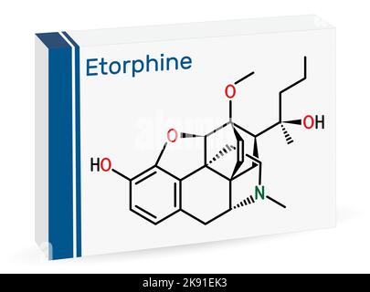 Etorphin, M99 Molekül. Chemische Formel des Skeletts. Papierverpackungen für Medikamente Stock Vektor