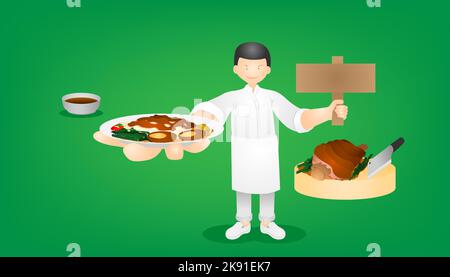 Ein Karikaturenfilm eines Küchenchefs, der köstliche Gerichte auf grünem Hintergrund serviert Stock Vektor