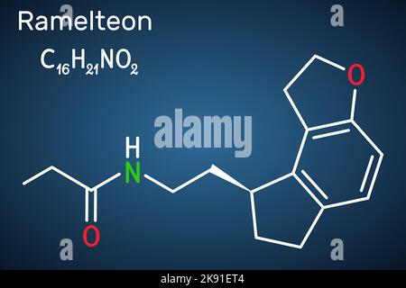 Ramelteon-Molekül. Strukturelle chemische Formel auf dem dunkelblauen Hintergrund Stock Vektor