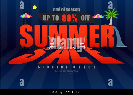 Ein Posterdesign der Sommerangebote mit bis zu 80 % Sonderangebot auf dunkelblauem Hintergrund Stock Vektor