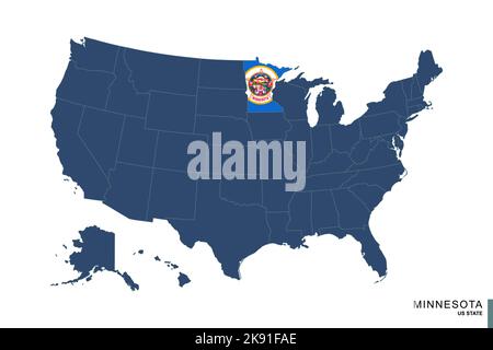 Bundesstaat Minnesota auf der blauen Karte der Vereinigten Staaten von Amerika. Flagge und Karte von Minnesota. Vektorgrafik. Stock Vektor