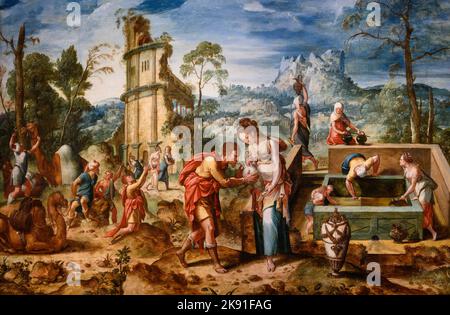 Rebecca und Eliezer am Brunnen. Jan Swart van Groningen (um 1495 – 1563). Öl auf Holz. Stockfoto