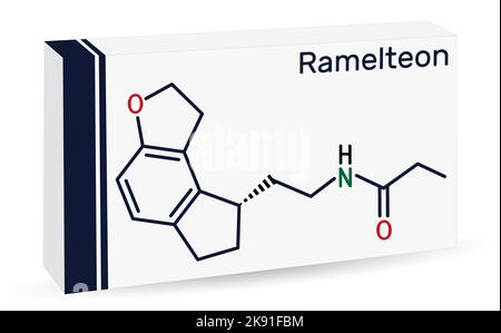 Ramelteon-Molekül. Es ist Schlafmittel, Melatonin-Rezeptoragonist, der zur Behandlung von Schlaflosigkeit verwendet wird. Chemische Formel des Skeletts. Papierverpackungen für Medikamente. Vektor Stock Vektor