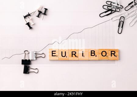 Wort EURIBOR ist in Holzbuchstaben auf weißem Hintergrund, Diagramm und stationär geschrieben. Kopieren Einfügen. Stockfoto