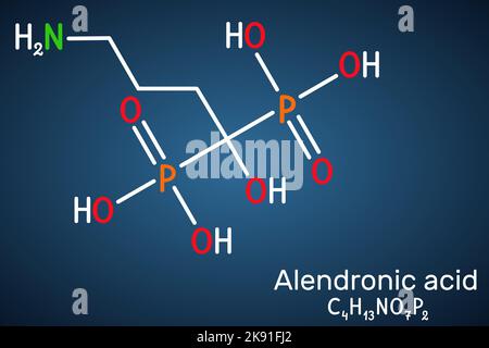 Alendronsäure-Molekül. Es ist ein Bisphosphonat-Medikament, das zur Behandlung von Osteoporose verwendet wird. Strukturelle chemische Formel auf dem dunkelblauen Hintergrund. Vect Stock Vektor