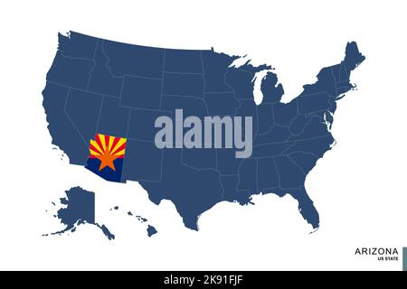 Staat Arizona auf der blauen Karte der Vereinigten Staaten von Amerika. Flagge und Karte von Arizona. Vektorgrafik. Stock Vektor