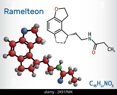 Ramelteon-Molekül. Strukturelle chemische Formel, Molekülmodell. Stock Vektor