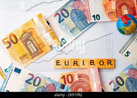 Wort EURIBOR wird in Holzbuchstaben auf weißem Chart Hintergrund, Euro Banknoten und Globe geschrieben. Kopieren Einfügen. Stockfoto